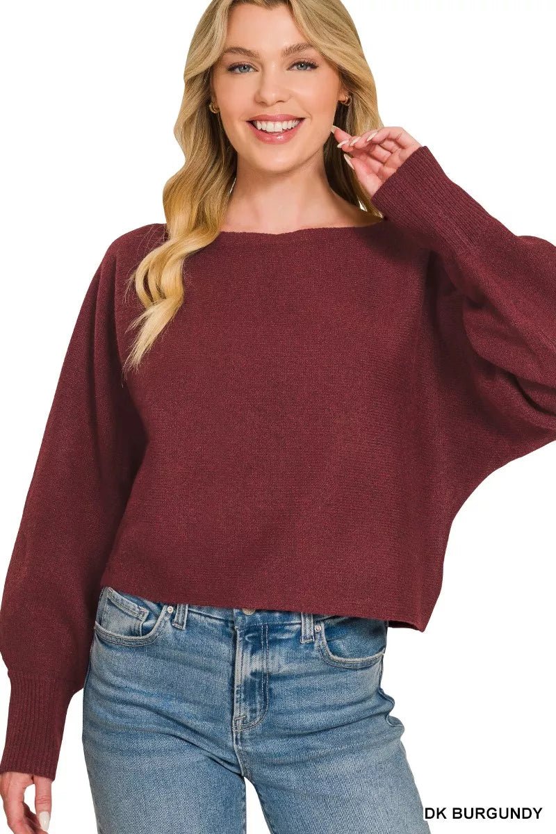 Zenana Boat Neck Balloon Sleeve Sweater - Desert Sunday