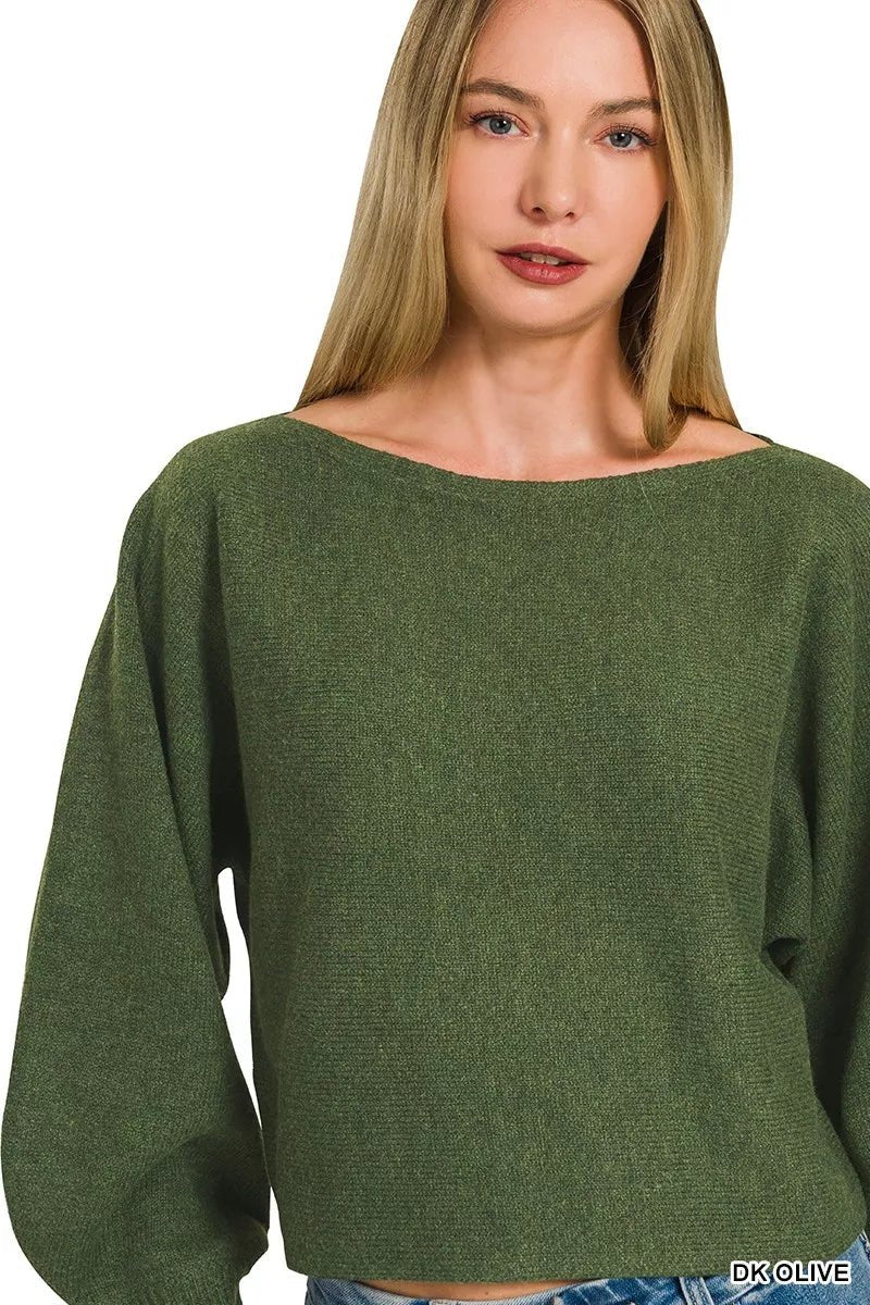 Zenana Boat Neck Balloon Sleeve Sweater - Desert Sunday