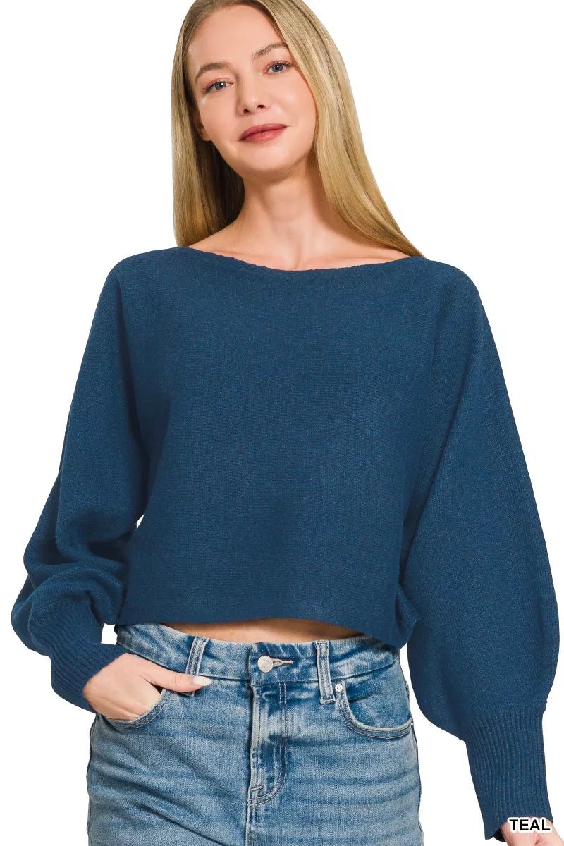 Zenana Boat Neck Balloon Sleeve Sweater - Desert Sunday