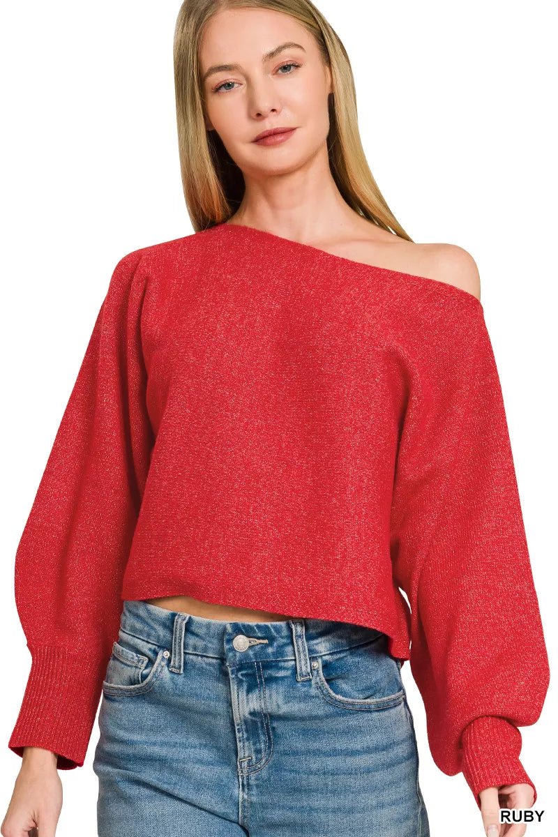 Zenana Boat Neck Balloon Sleeve Sweater - Desert Sunday