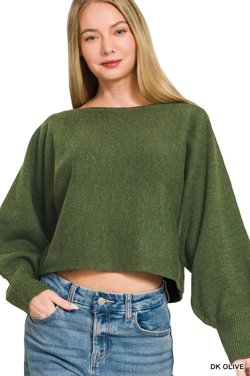 Zenana Boat Neck Balloon Sleeve Sweater - Desert Sunday