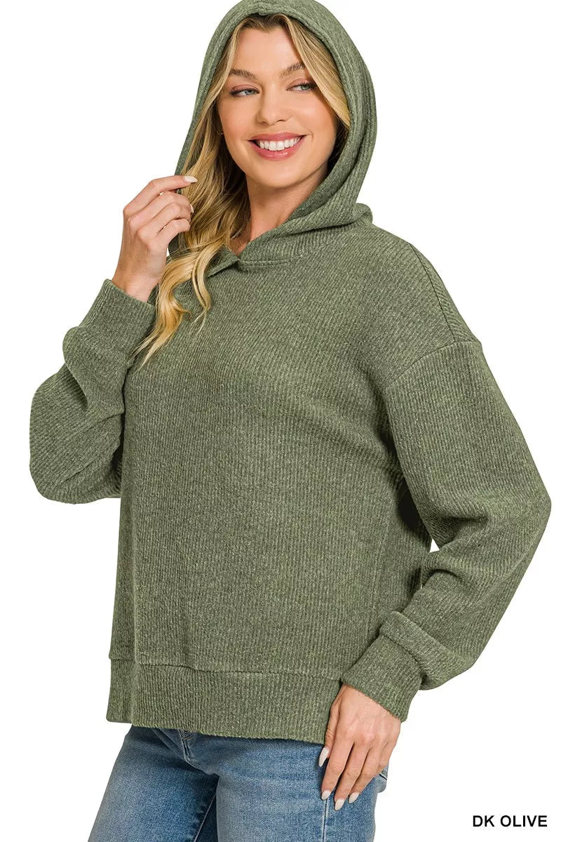 Zenana Brushed Ribbed Hacci Hoodie - Desert Sunday