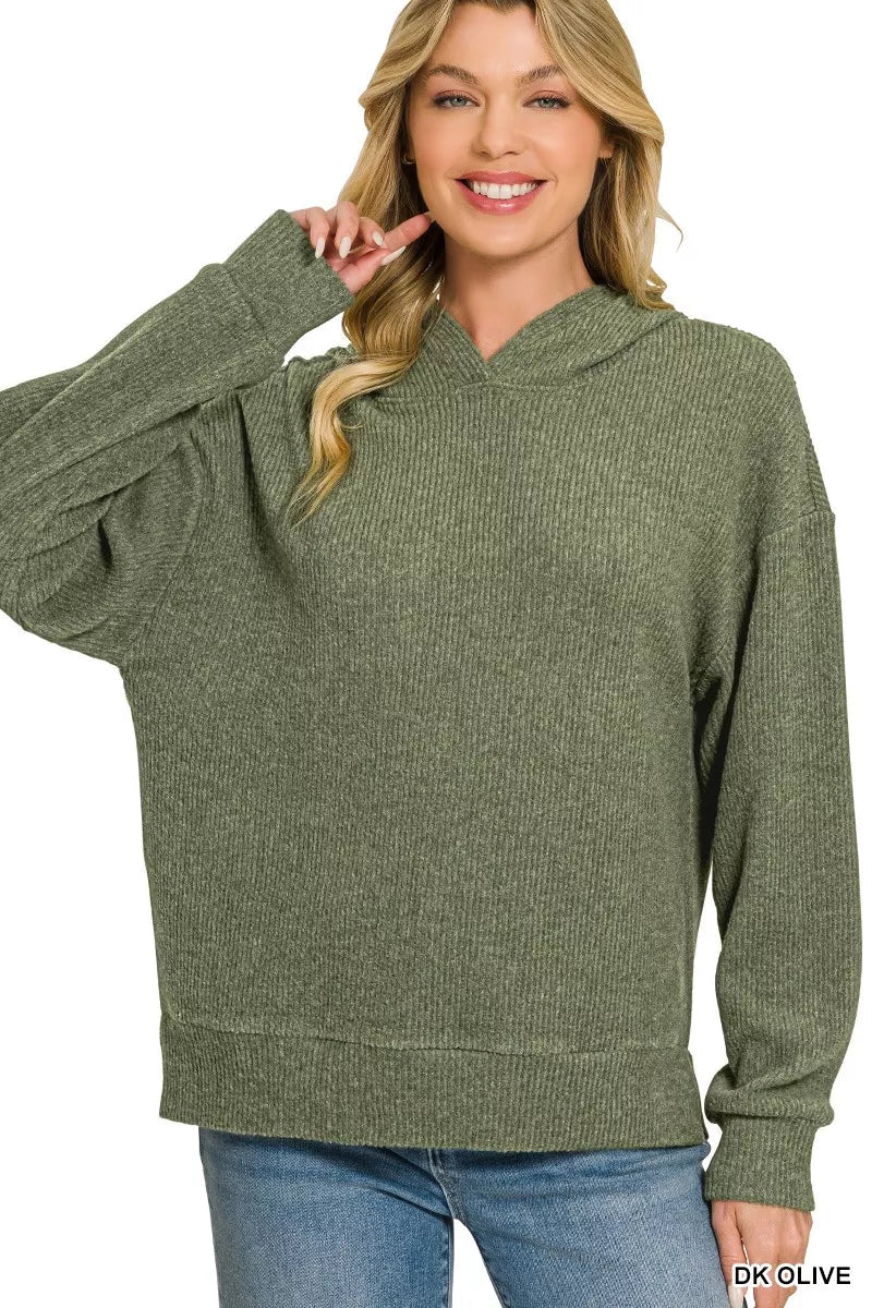 Zenana Brushed Ribbed Hacci Hoodie - Desert Sunday