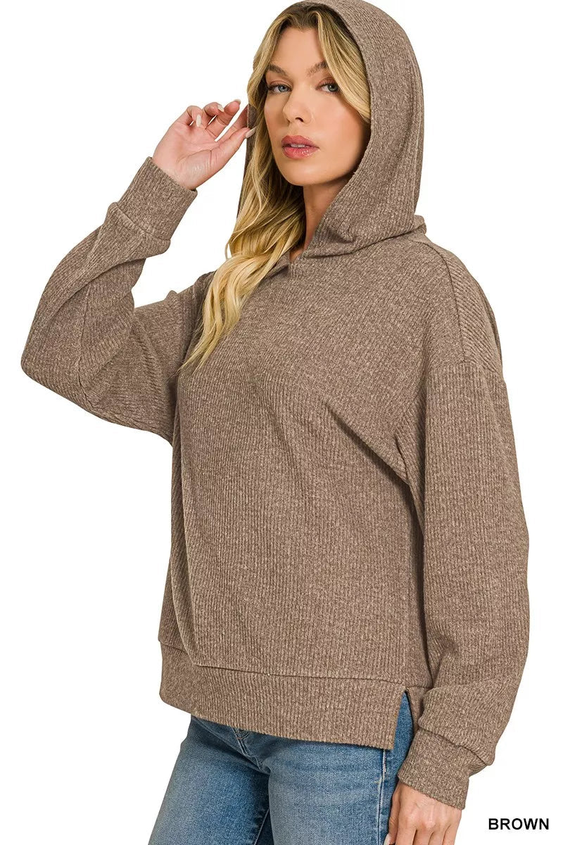 Zenana Brushed Ribbed Hacci Hoodie - Desert Sunday