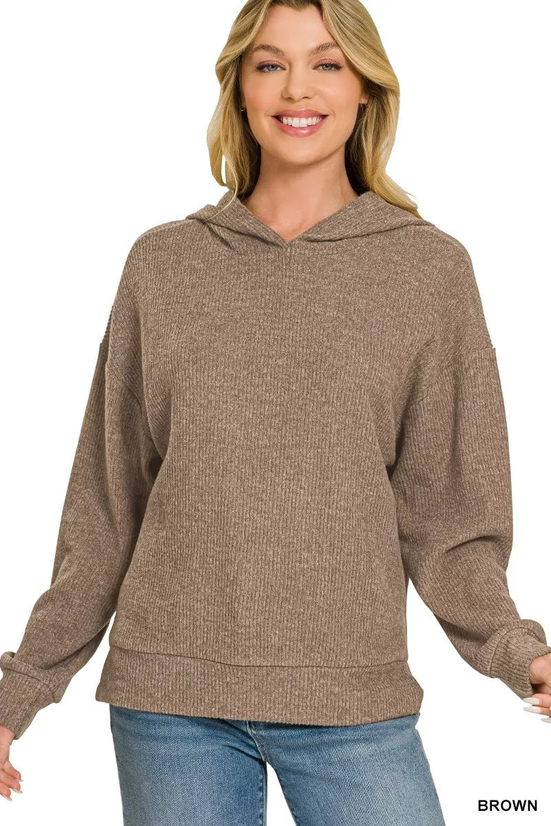 Zenana Brushed Ribbed Hacci Hoodie - Desert Sunday