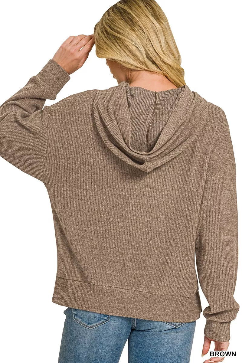 Zenana Brushed Ribbed Hacci Hoodie - Desert Sunday