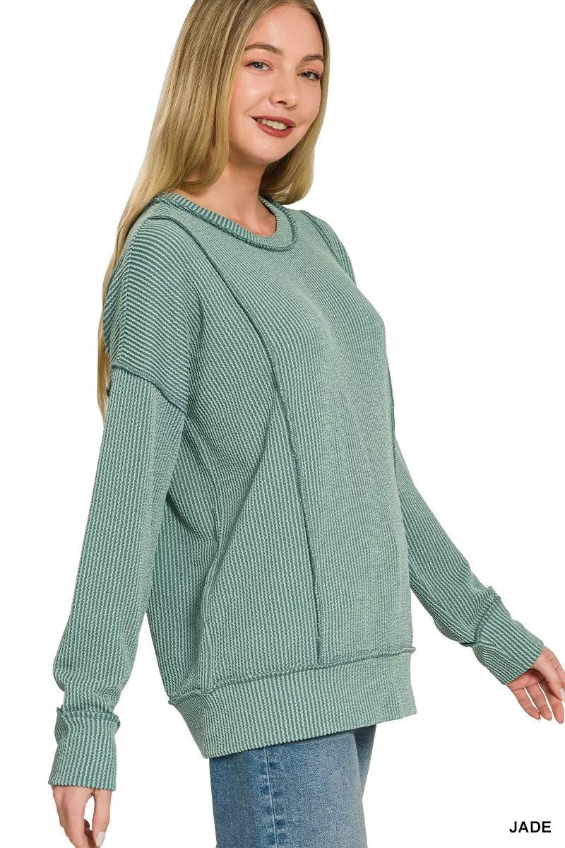 Zenana Corded Rib Long Sleeve Round Neck Top - Desert Sunday