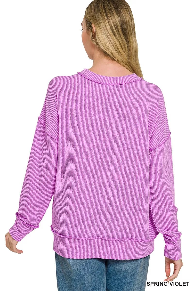 Zenana Corded Rib Long Sleeve Round Neck Top - Desert Sunday