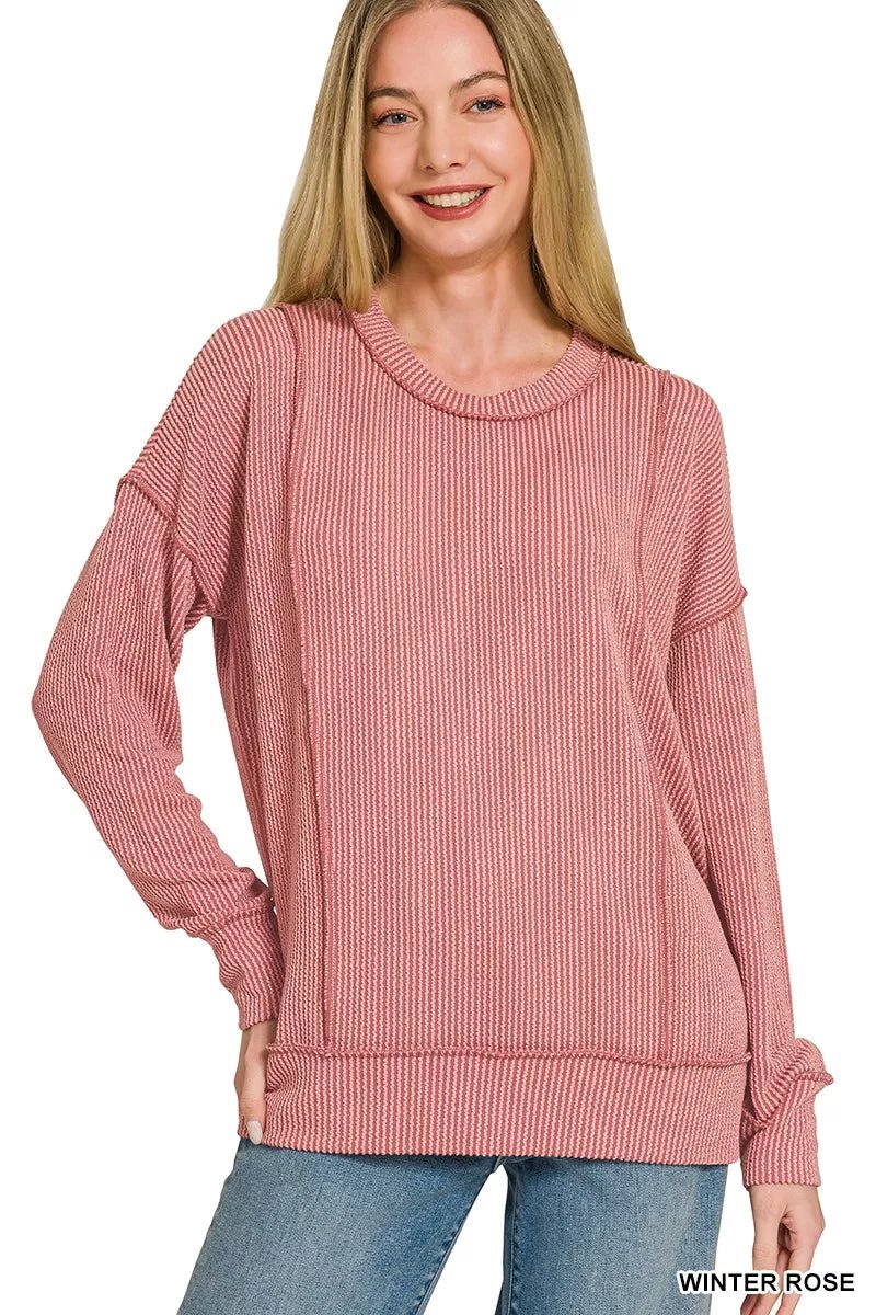 Zenana Corded Rib Long Sleeve Round Neck Top - Desert Sunday