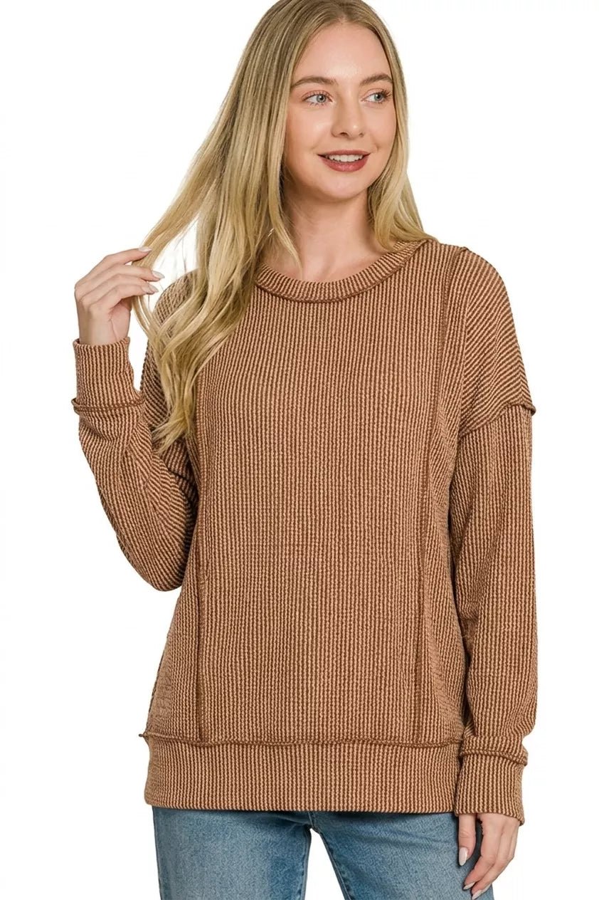 Zenana Corded Rib Long Sleeve Round Neck Top - Desert Sunday