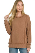 Zenana Corded Rib Long Sleeve Round Neck Top - Desert Sunday