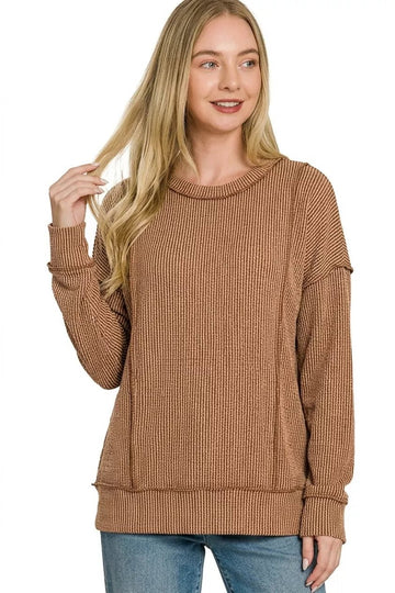 Zenana Corded Rib Long Sleeve Round Neck Top - Desert Sunday