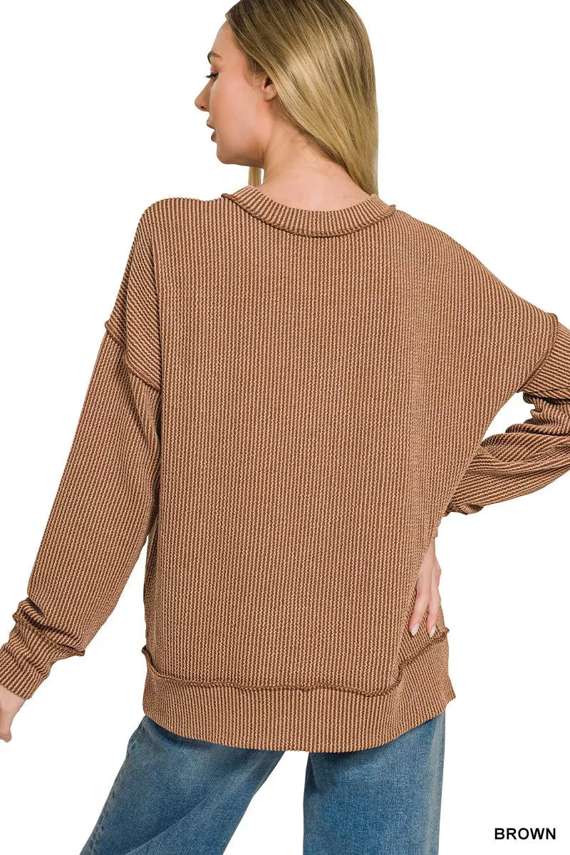 Zenana Corded Rib Long Sleeve Round Neck Top - Desert Sunday