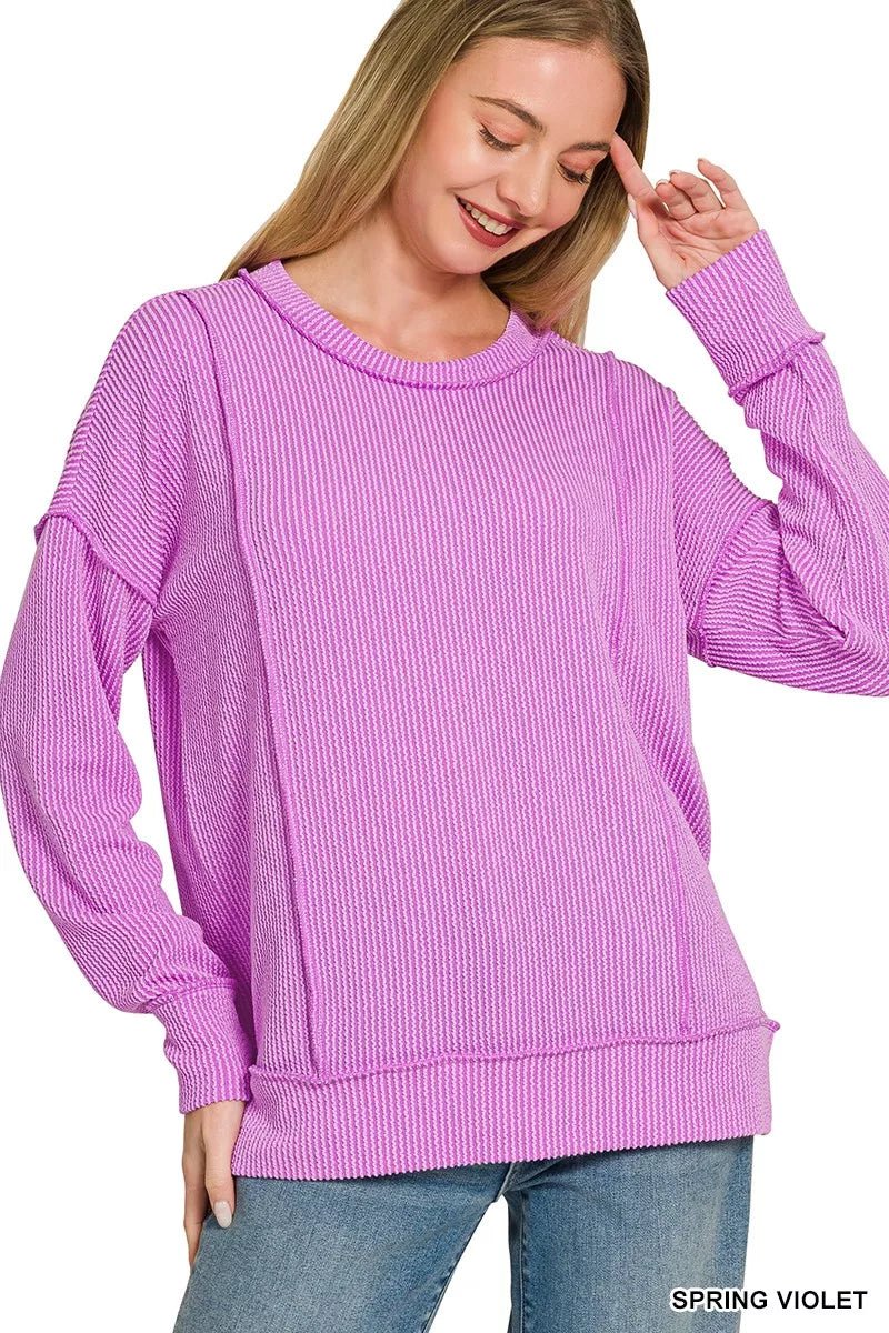 Zenana Corded Rib Long Sleeve Round Neck Top - Desert Sunday