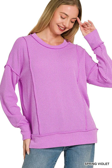 Zenana Corded Rib Long Sleeve Round Neck Top - Desert Sunday