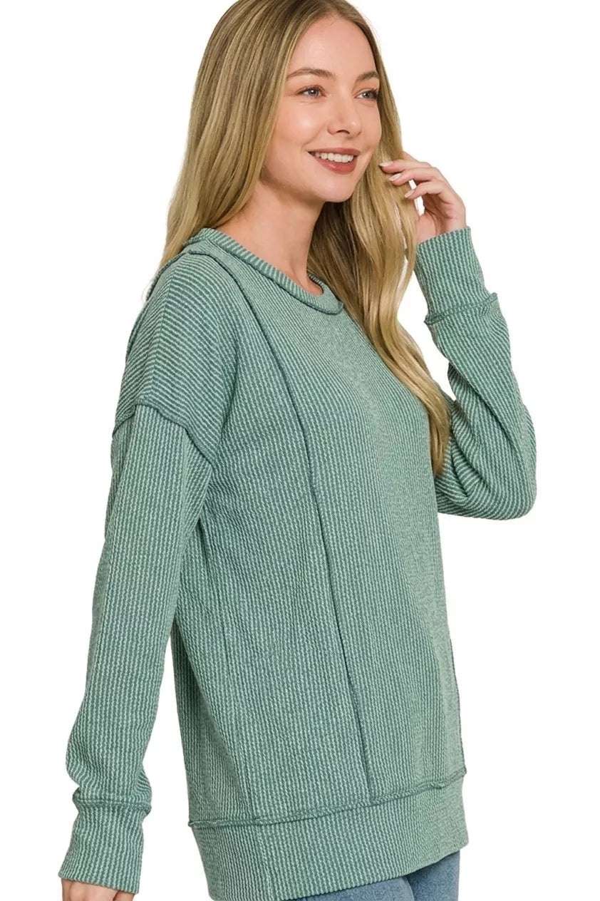 Zenana Corded Rib Long Sleeve Round Neck Top - Desert Sunday