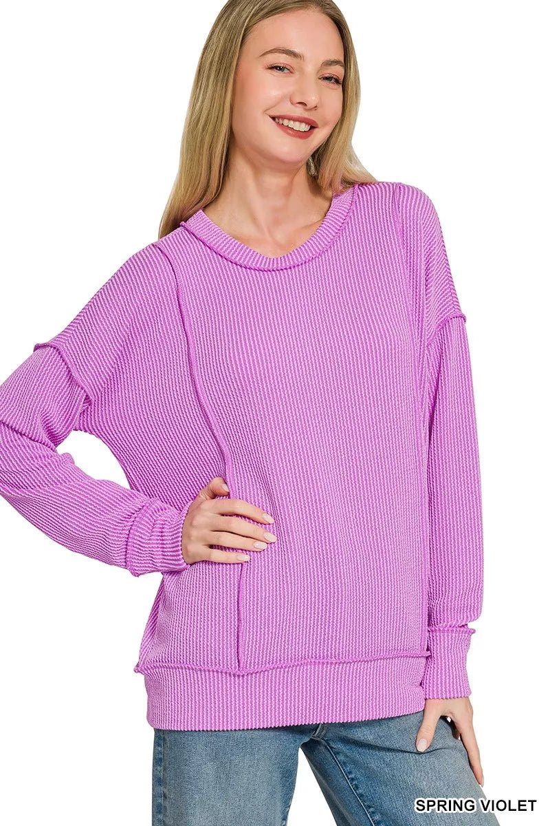 Zenana Corded Rib Long Sleeve Round Neck Top - Desert Sunday