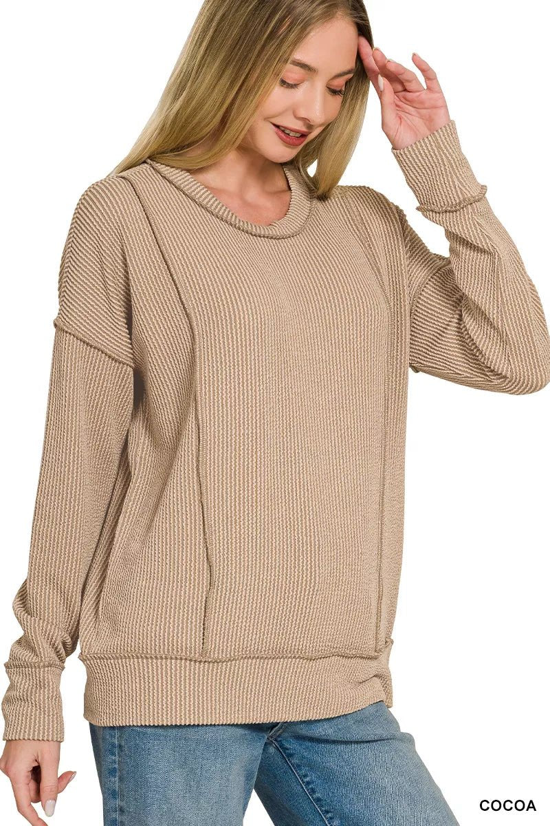 Zenana Corded Rib Long Sleeve Round Neck Top - Desert Sunday