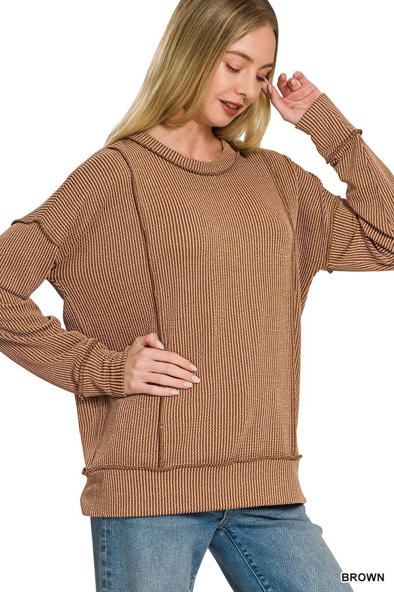 Zenana Corded Rib Long Sleeve Round Neck Top - Desert Sunday