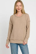 Zenana Corded Rib Long Sleeve Round Neck Top - Desert Sunday