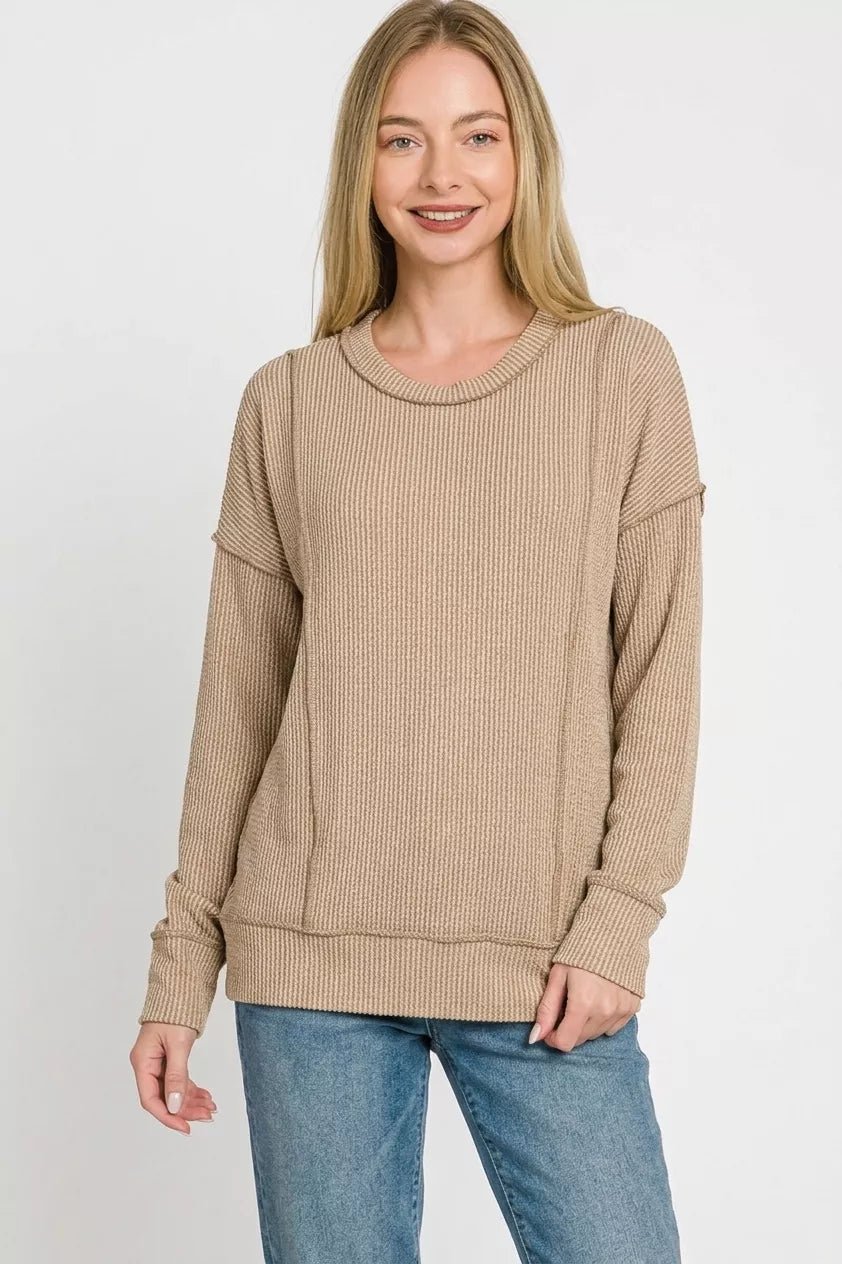 Zenana Corded Rib Long Sleeve Round Neck Top - Desert Sunday