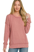 Zenana Corded Rib Long Sleeve Round Neck Top - Desert Sunday