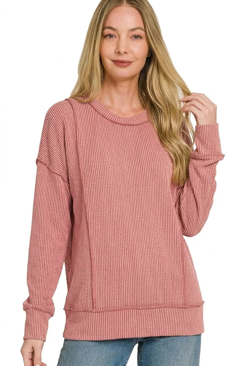 Zenana Corded Rib Long Sleeve Round Neck Top - Desert Sunday