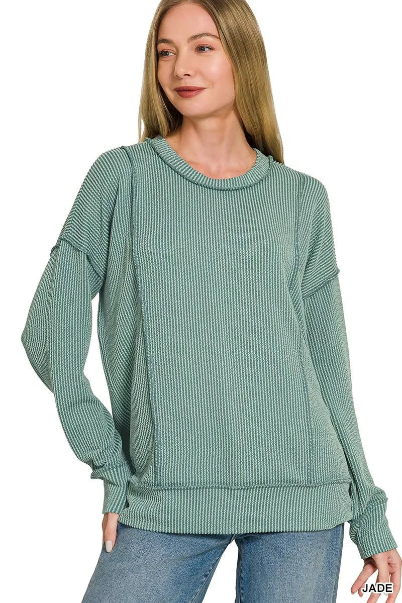 Zenana Corded Rib Long Sleeve Round Neck Top - Desert Sunday
