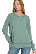 Zenana Corded Rib Long Sleeve Round Neck Top - Desert Sunday