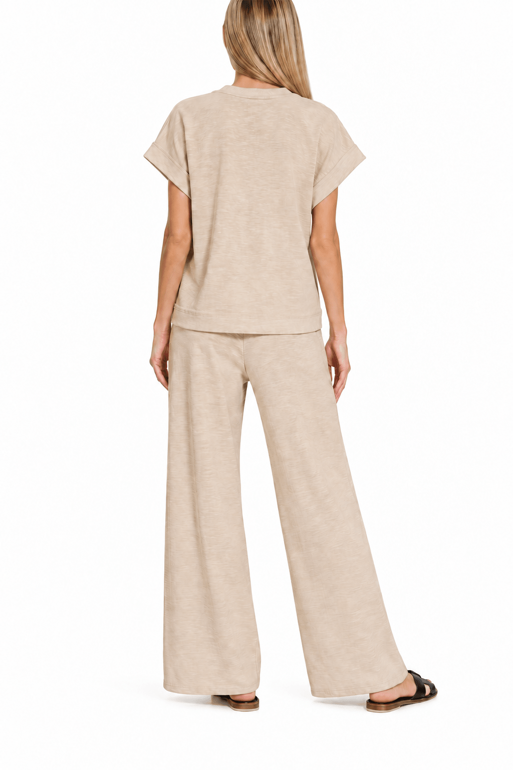 Zenana Cotton Slub Ribbed Tee & Pants 2pc Set Zenana In Sand Beige - Desert Sunday