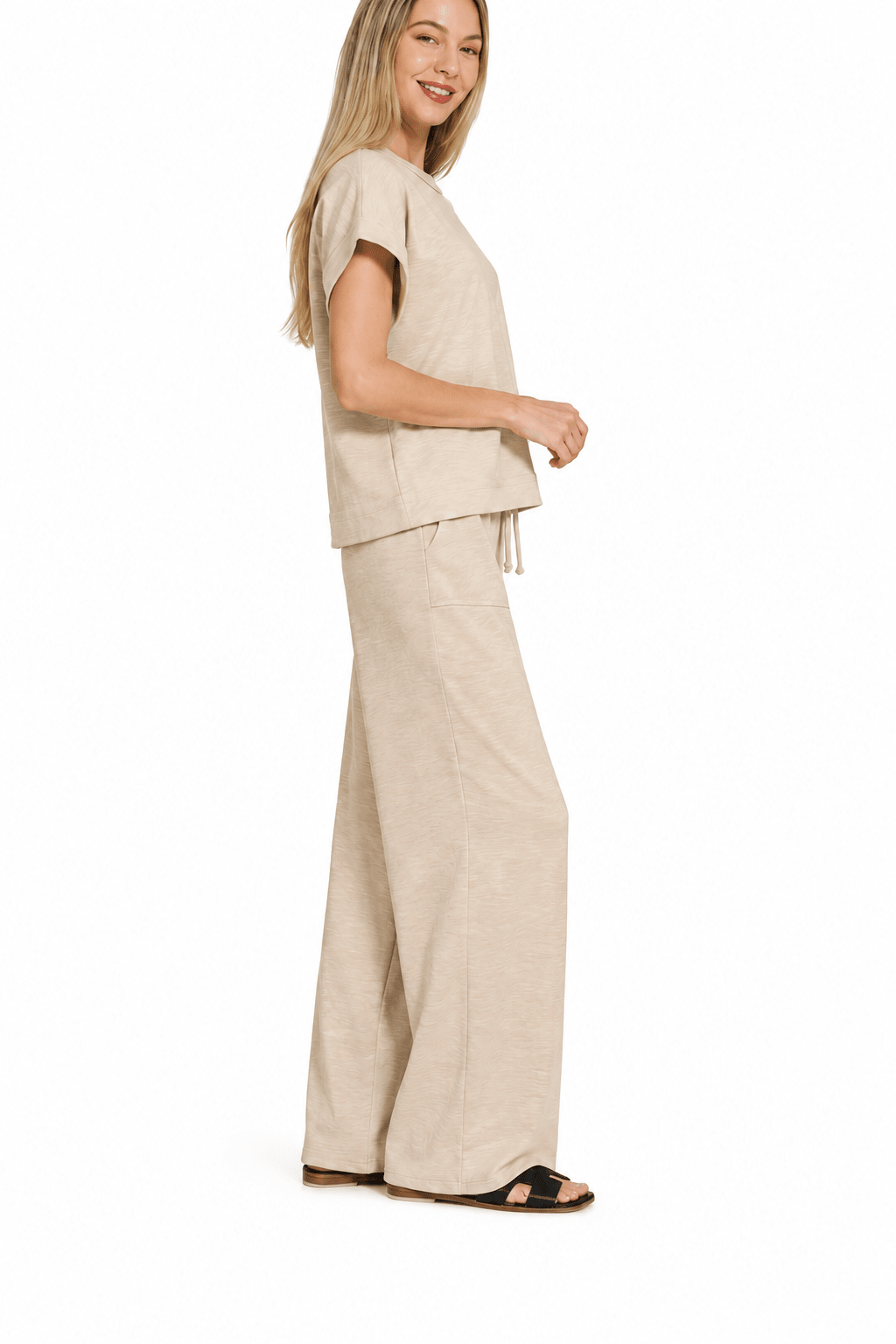 Zenana Cotton Slub Ribbed Tee & Pants 2pc Set Zenana In Sand Beige - Desert Sunday