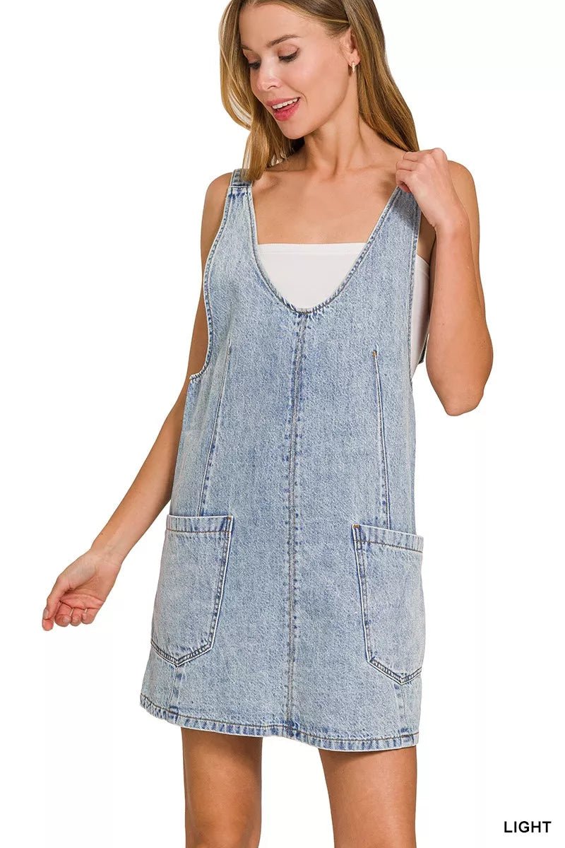 Zenana Denim Overall Dress with Front Pockets - Desert Sunday