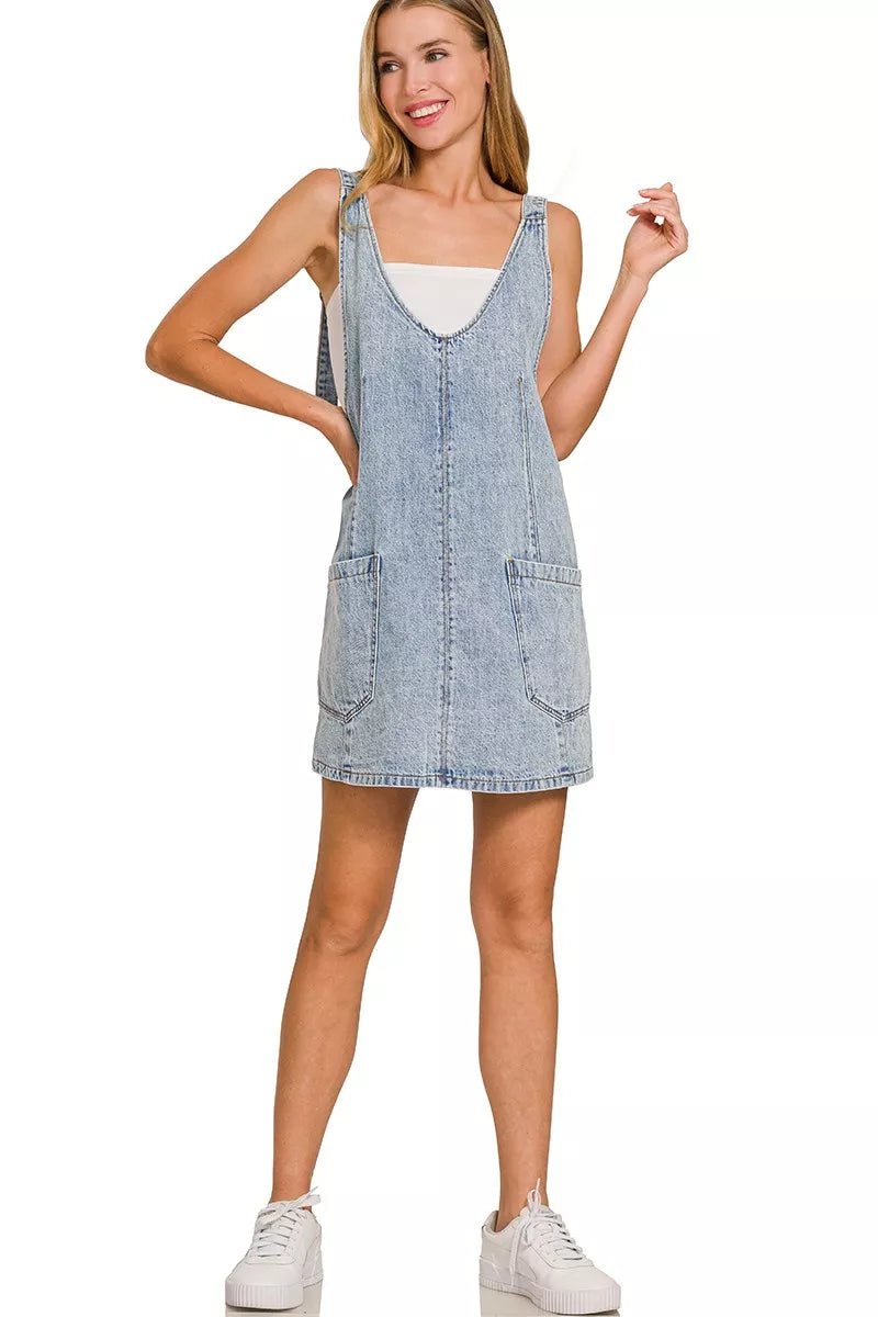 Zenana Denim Overall Dress with Front Pockets - Desert Sunday