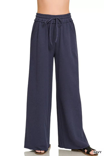 Zenana Drawstring French Terry Wide Leg Sweatpants - Desert Sunday