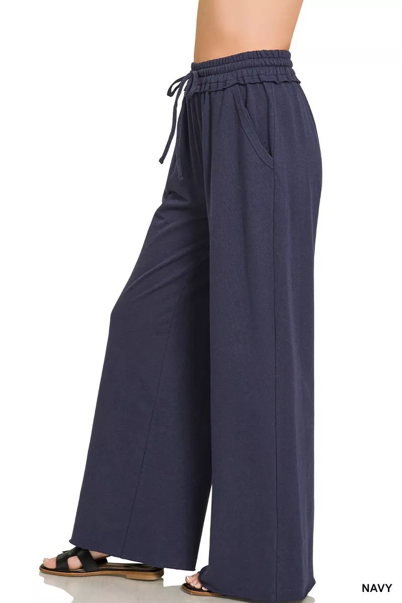 Zenana Drawstring French Terry Wide Leg Sweatpants - Desert Sunday