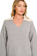 Zenana Dual-look Collared V-neck Sweater - Desert Sunday