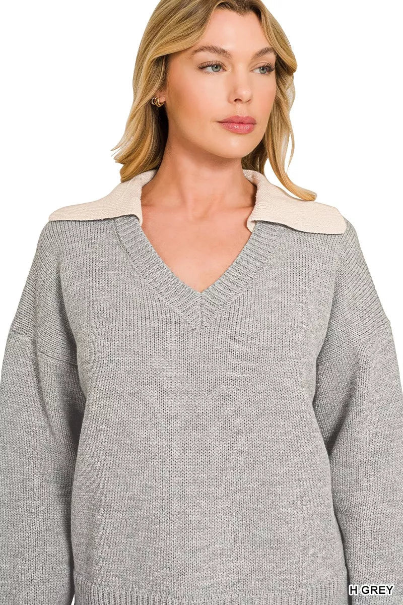 Zenana Dual-look Collared V-neck Sweater - Desert Sunday