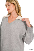 Zenana Dual-look Collared V-neck Sweater - Desert Sunday