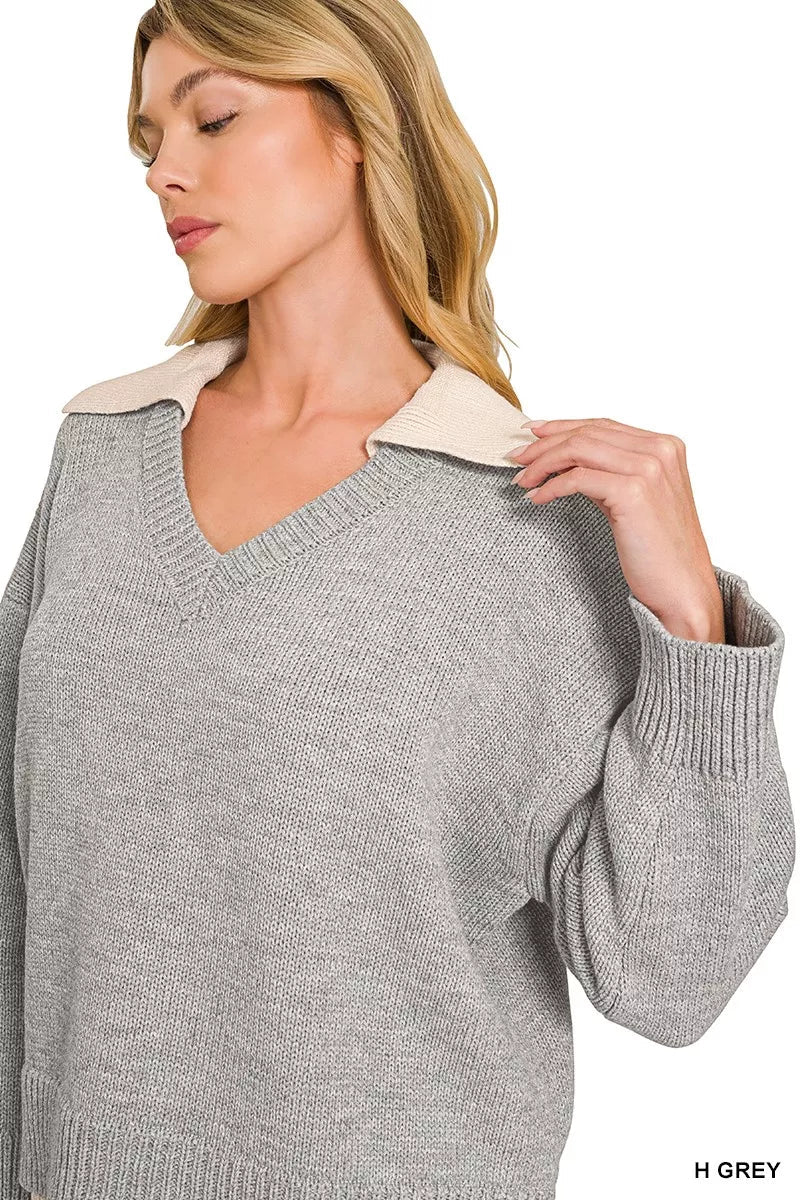 Zenana Dual-look Collared V-neck Sweater - Desert Sunday