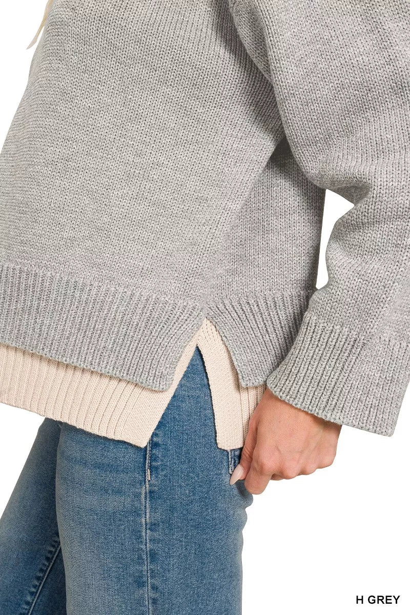 Zenana Dual-look Collared V-neck Sweater - Desert Sunday