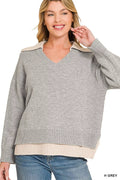 Zenana Dual-look Collared V-neck Sweater - Desert Sunday