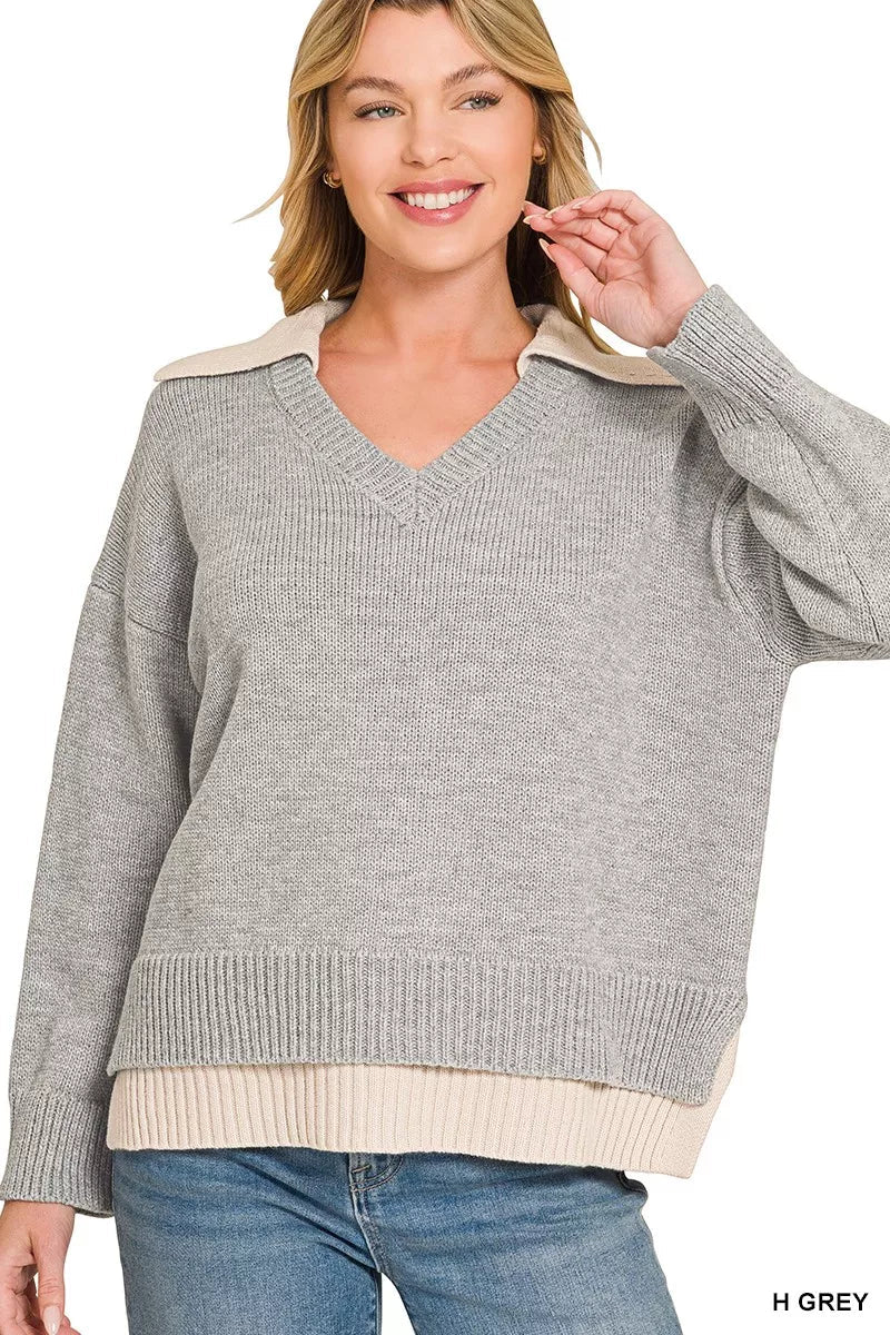Zenana Dual-look Collared V-neck Sweater - Desert Sunday