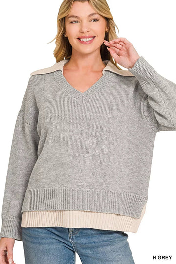 Zenana Dual-look Collared V-neck Sweater - Desert Sunday