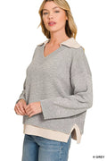 Zenana Dual-look Collared V-neck Sweater - Desert Sunday