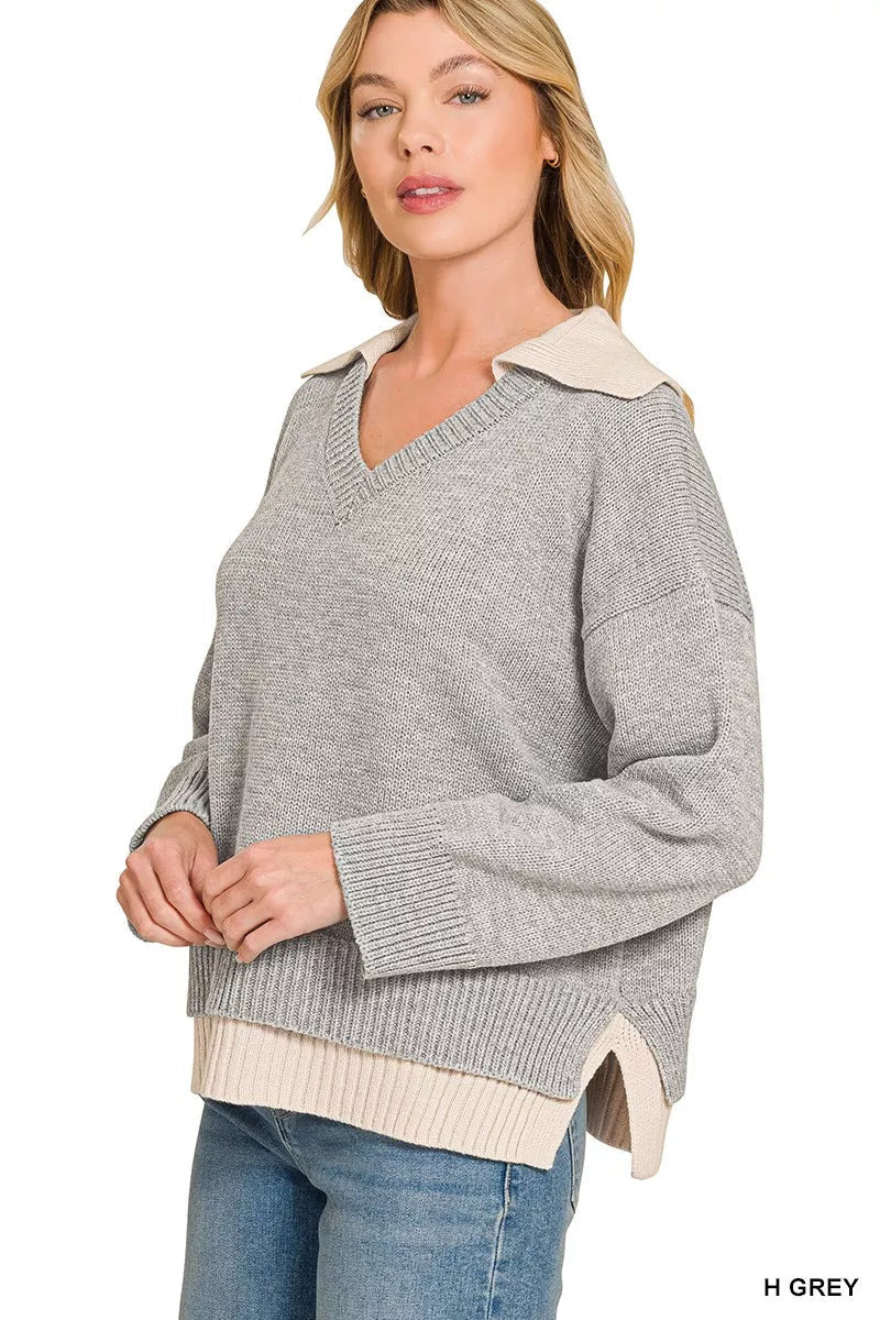 Zenana Dual-look Collared V-neck Sweater - Desert Sunday