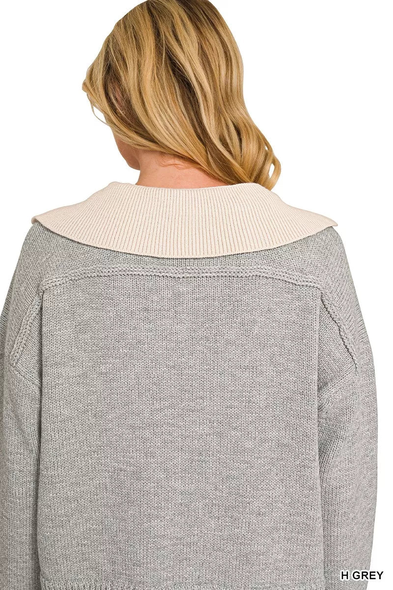 Zenana Dual-look Collared V-neck Sweater - Desert Sunday