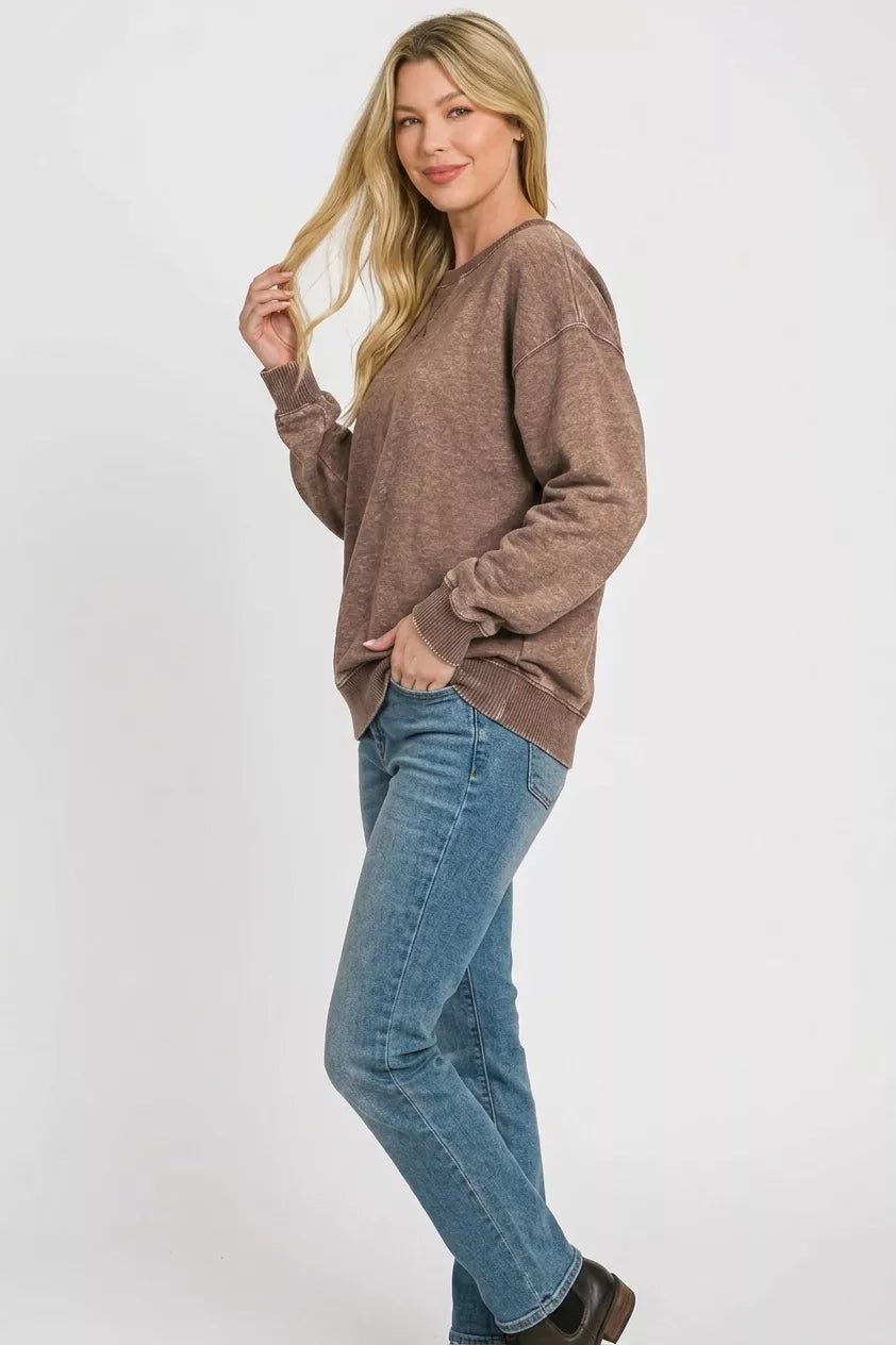 Zenana Fleece Acid Enzyme Washed Round Neck Sweatshirts - Desert Sunday