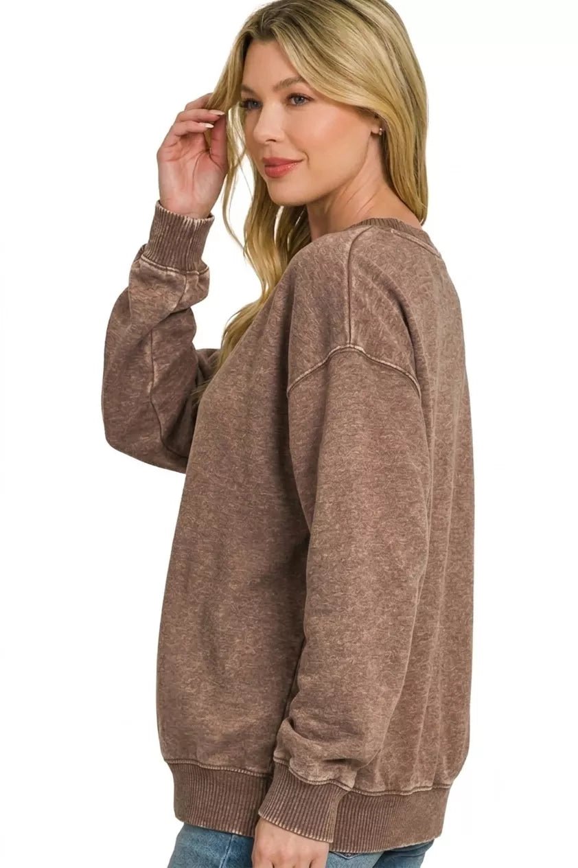 Zenana Fleece Acid Enzyme Washed Round Neck Sweatshirts - Desert Sunday