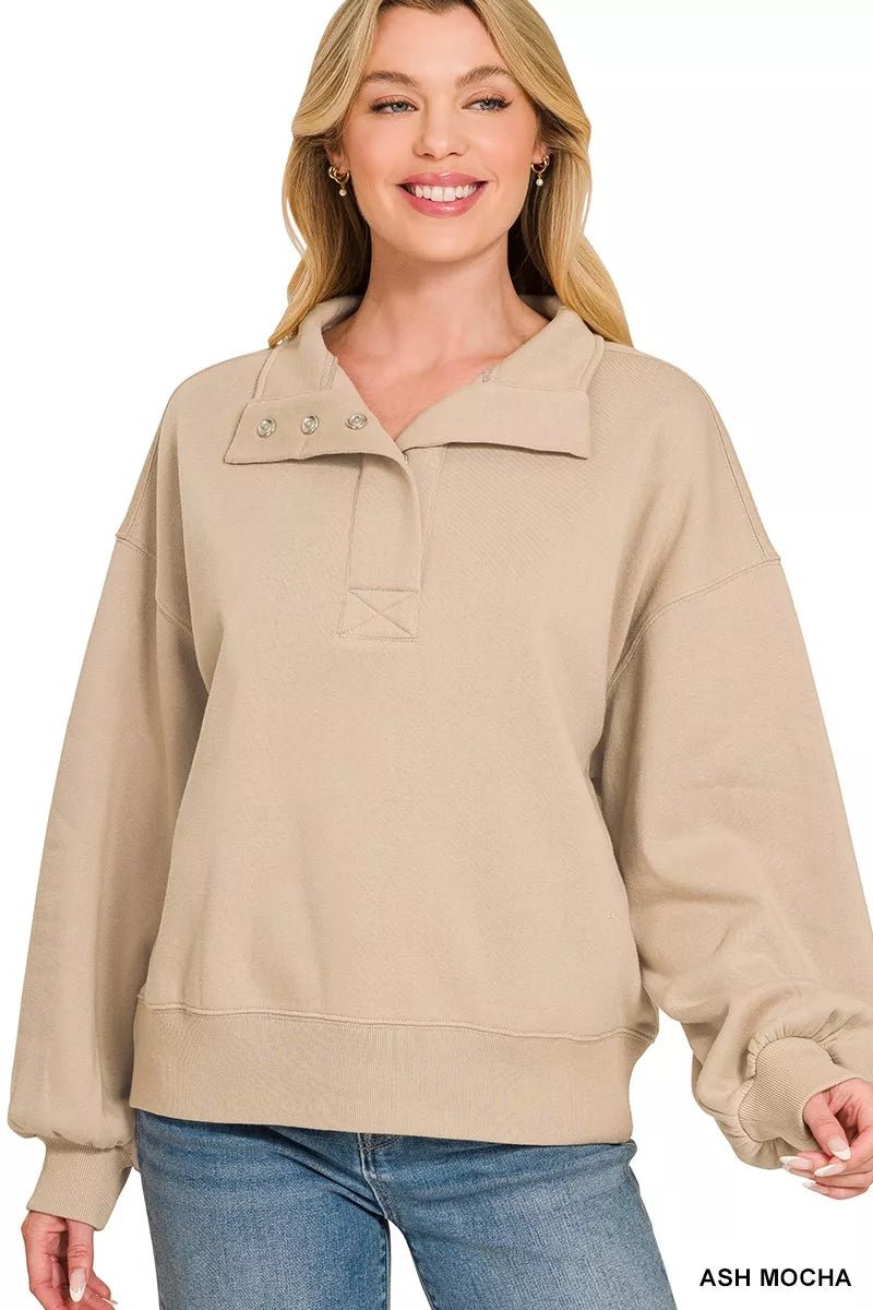 Zenana Fleece Half Snap Button Sweatshirt - Desert Sunday
