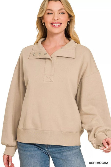 Zenana Fleece Half Snap Button Sweatshirt - Desert Sunday